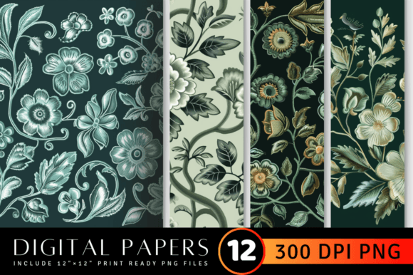 Dusty Green Floral Embroidery Digital Pa